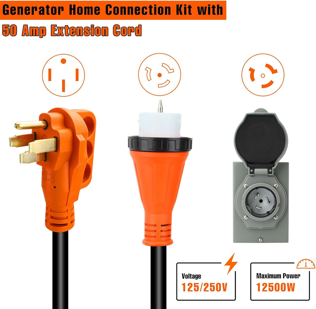 50 Amp 25FT Generator Cord and 50 Amp Power Inlet Box for Home, NEMA 14-50P SS2-50R STW 6/3+8/1 AWG Generator Cable and NEMA SS2-50P Pre-Drilled Inlet Box for Generator to House, ETL Listed