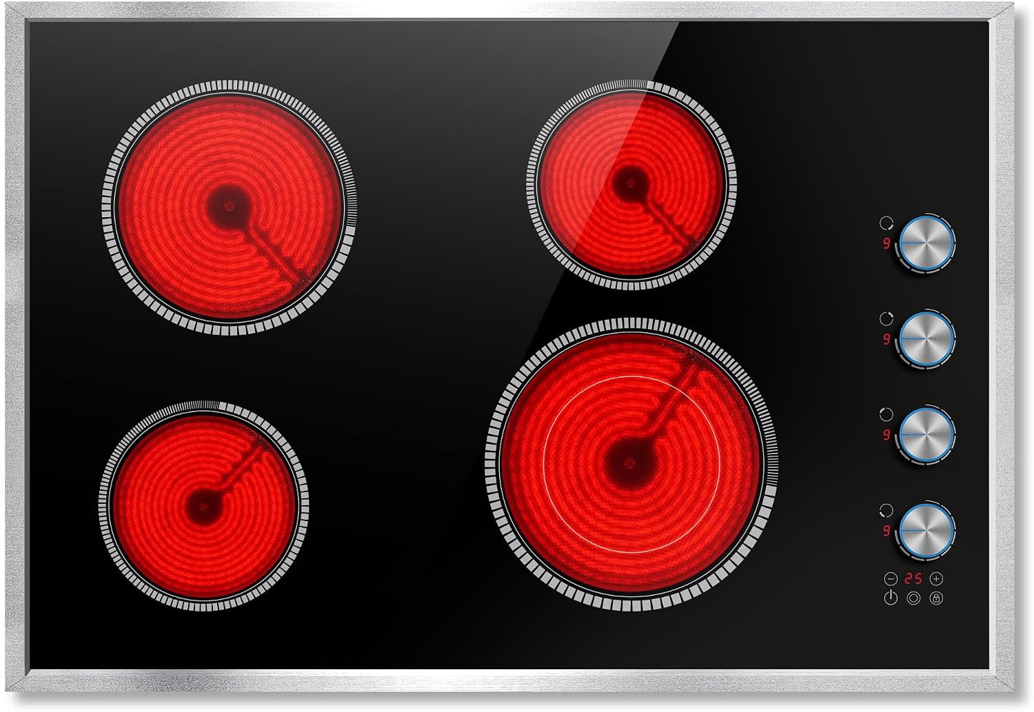 30 Inch Electric Cooktop, 4 Burner Electric Stove Top with Knob Control, 6700W Stove Top Burner with Overheat Protection, Child Lock, Timer, Durable Metal Frame, Bulit-in Glass Top 220-240V Hardwired