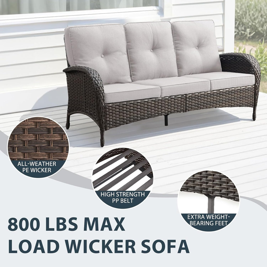 5 Piece Patio Furniture Set with Fire Pit Table - Wicker Patio Conversation Set with Swivel Glider, 3-Seat Sofa, Tempered Glass Side Table for Deck Backyard - Brown Wicker Beige Cushion
