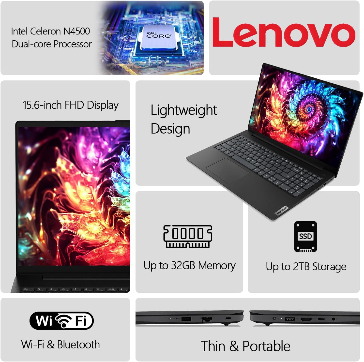 Lenovo 15.6' Laptop Computer for Business and Home, FHD, Intel Processor, 16GB DDR4 RAM, 1TB PCIe SSD, WiFi 6, Bluetooth 5.2, HDMI, Type-C, Black