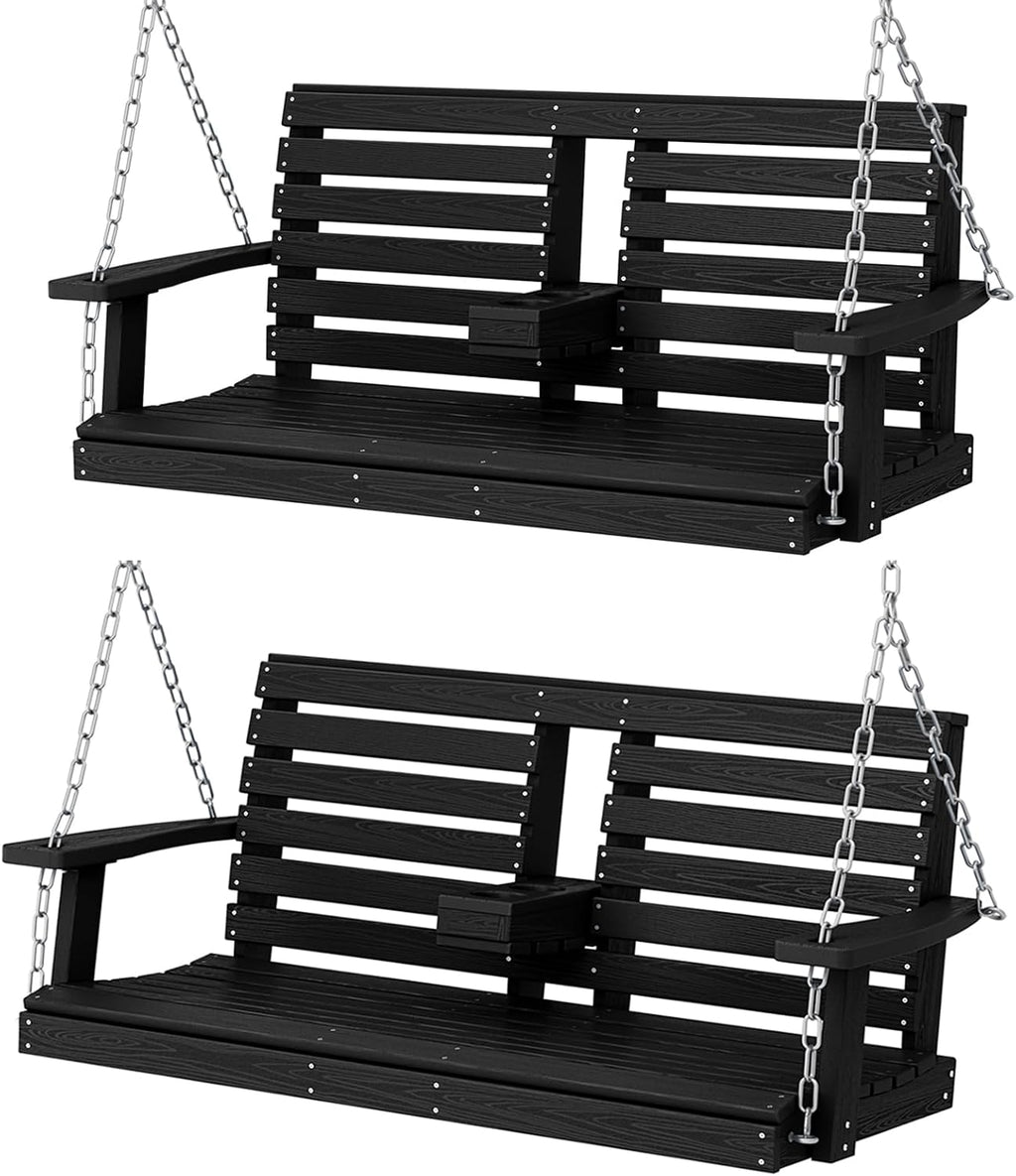 KINGYES Outdoor Patio Swing Set - 2 Seat Hanging Porch Swing with Cup Holders, Waterproof & 660LBS Weight Capacity, Black