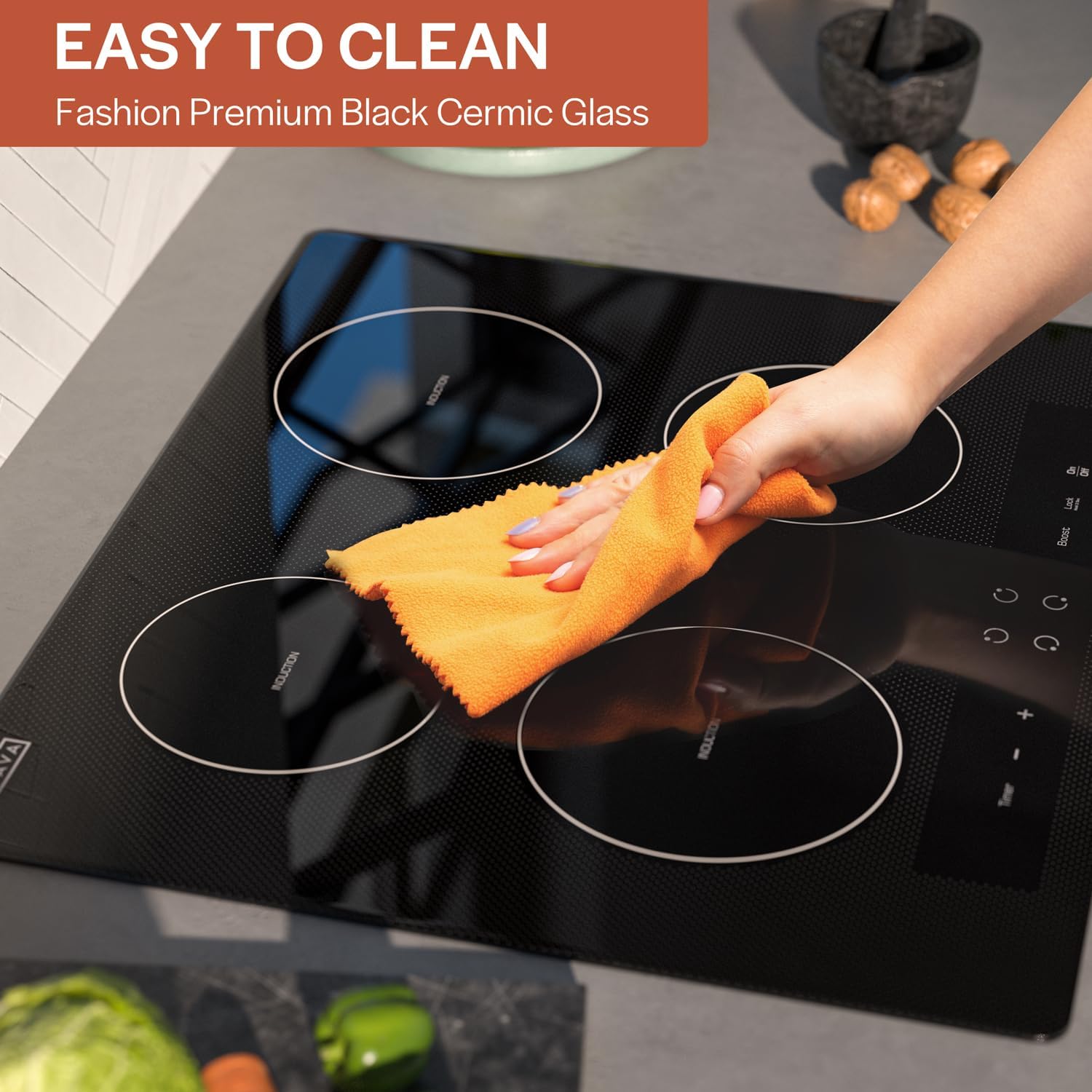 Empava 24 Inch Electric Induction Cooktop, 4 Burner Built-In Smooth Glass Stove Top with Power Boost, Touch Control, Timer, Child Lock, Residual Heat Indicator, Hardwired
