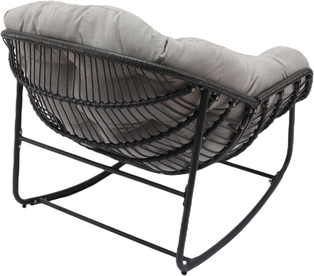 Indoor & Outdoor Rocking Chair, Oversized Rattan Royal Rocking Chair with Padded Cushion, Rocker Egg Chair for Living Room, Patio, Front Porch, Backyard, Grey