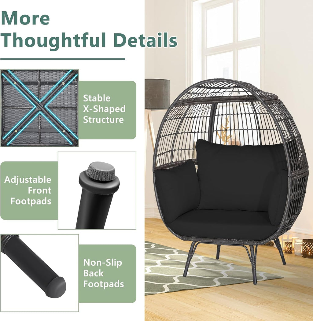 Tangkula PE Wicker Egg Chair, Patiojoy Oversized Indoor Outdoor Patio Lounge Chair with Cushions and Pillows, Steel Frame Basket Chair for Garden, Deck, Balcony, Living Room (Black)