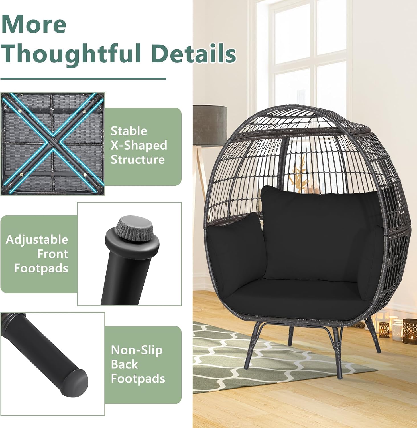 Tangkula PE Wicker Egg Chair, Patiojoy Oversized Indoor Outdoor Patio Lounge Chair with Cushions and Pillows, Steel Frame Basket Chair for Garden, Deck, Balcony, Living Room (Black)