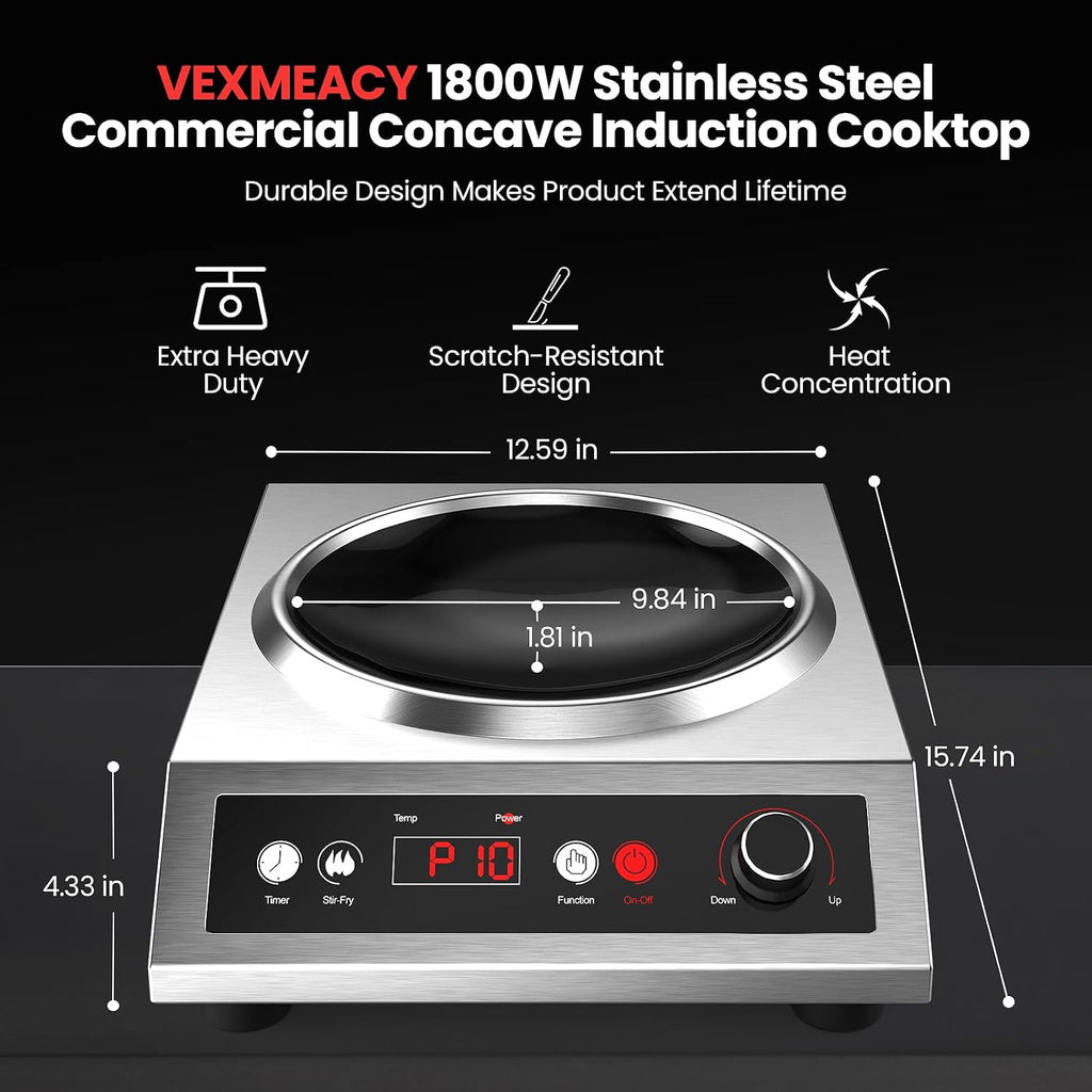 1800W Electric Wok Used For Home And Commercial,Induction Wok With Concave Surface Stainless Steel Strong Power Dual Control Mode 10 Power And Temp 24H Timer Induction Cooktop For Cooking