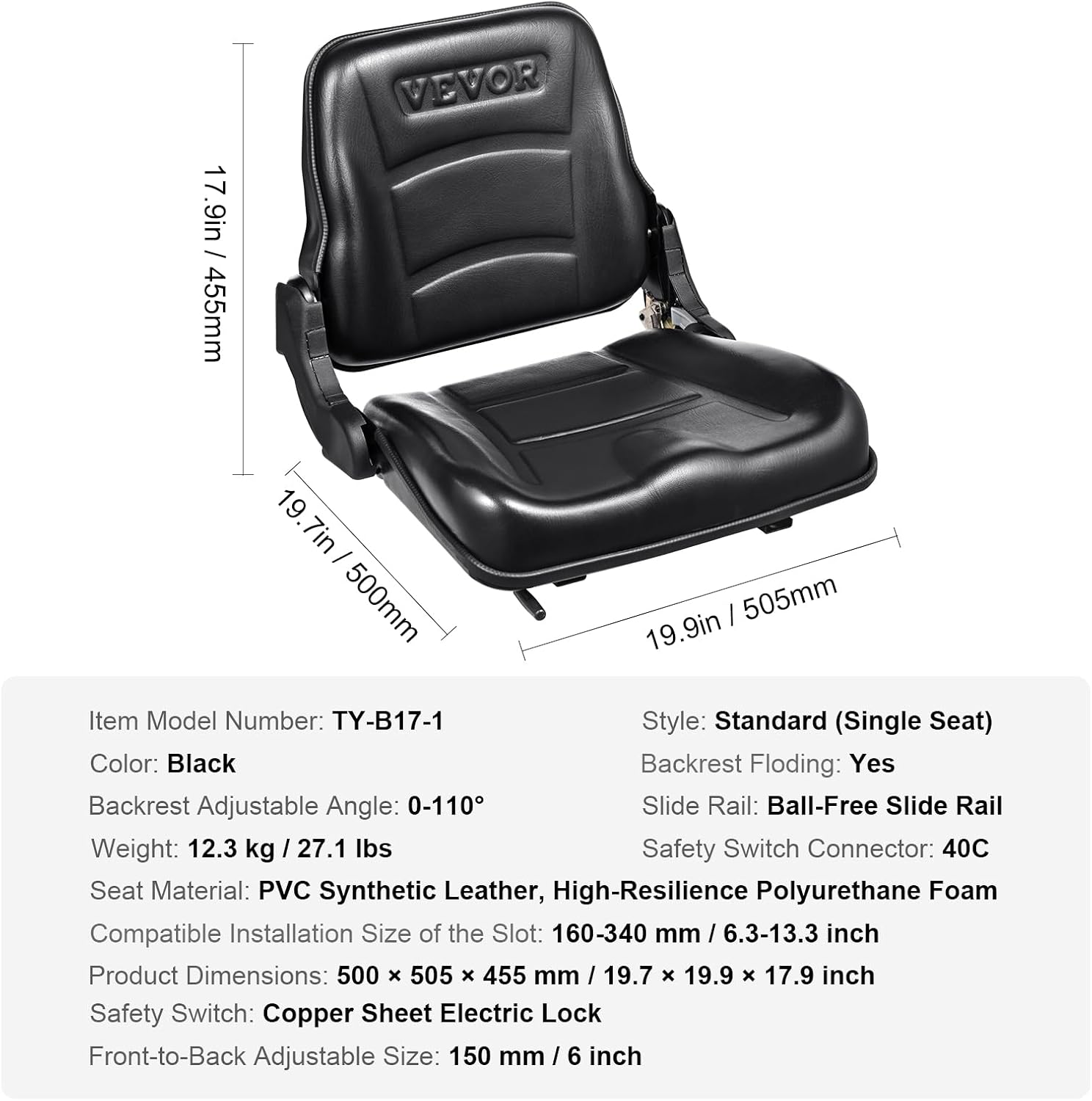 VEVOR Universal Forklift Seat, Fold Down Tractor Seat with Adjustable Angle Back and Micro Switch, 6.3-13.4 inch Extended Slot Comfortable Forklift Seat for Tractor Loader Excavator