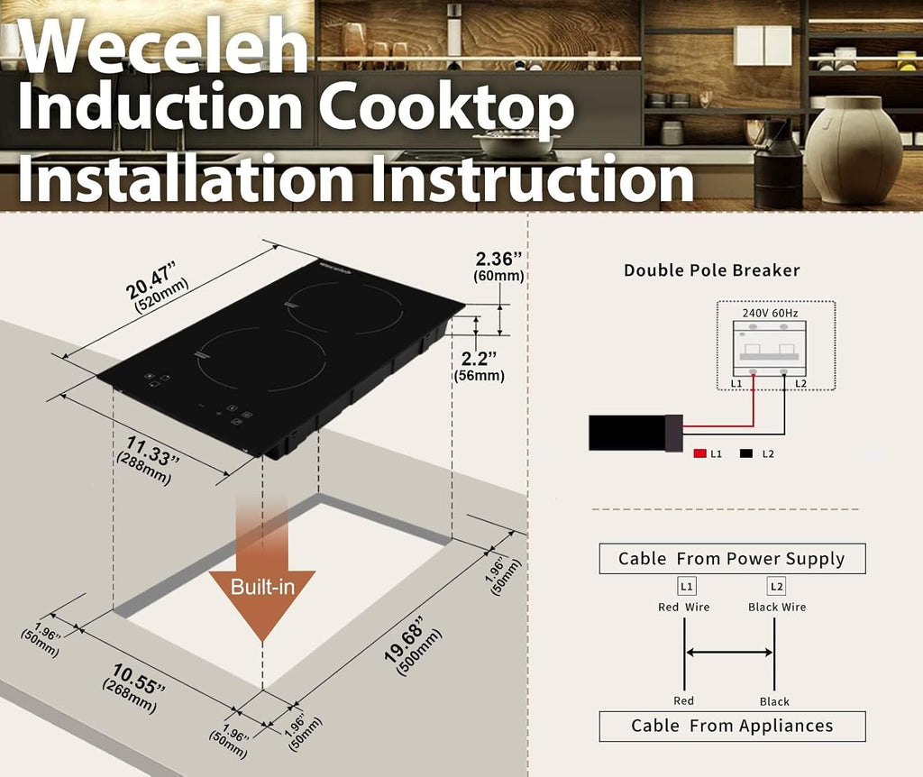 2 Burner Induction Cooktop, 3500W Built-in Induction Stovetop with BOOST, Weceleh 12 inch Electric Cooktop, 9 Power Levels, Safety Lock, Timer, Touch Control, No Plug, 220-240V