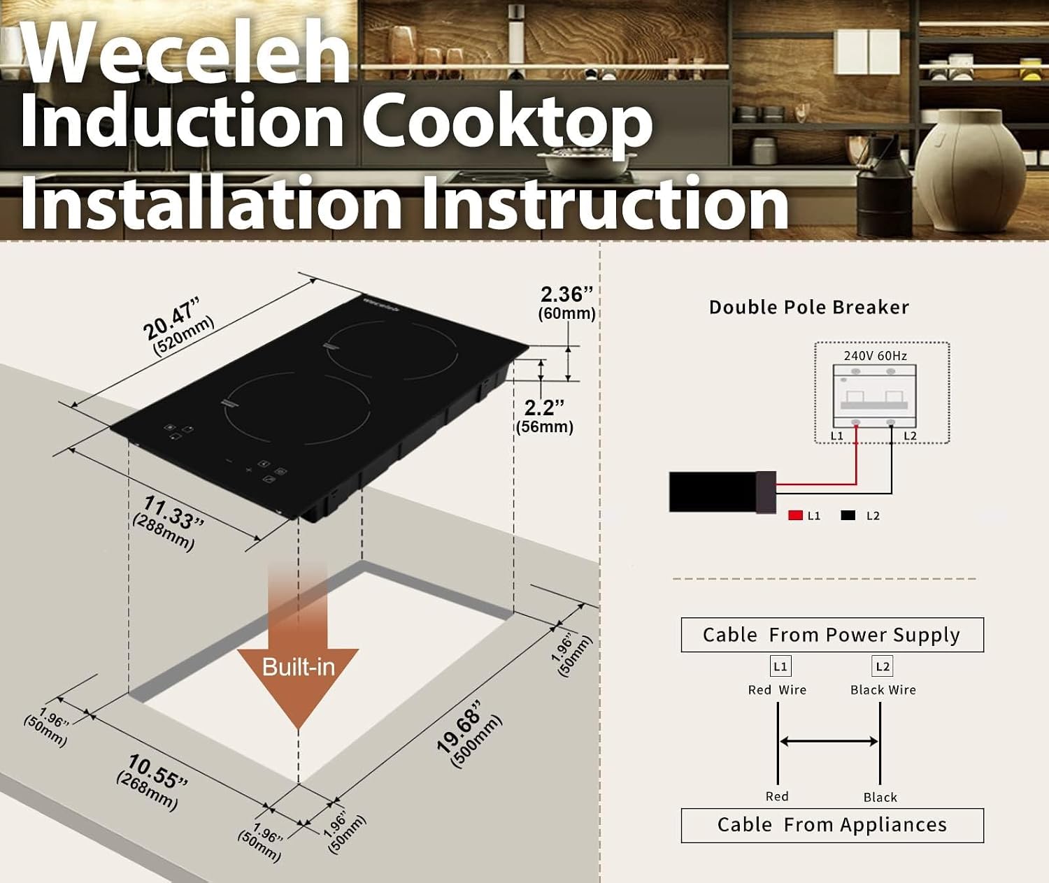 2 Burner Induction Cooktop, 3500W Built-in Induction Stovetop with BOOST, Weceleh 12 inch Electric Cooktop, 9 Power Levels, Safety Lock, Timer, Touch Control, No Plug, 220-240V