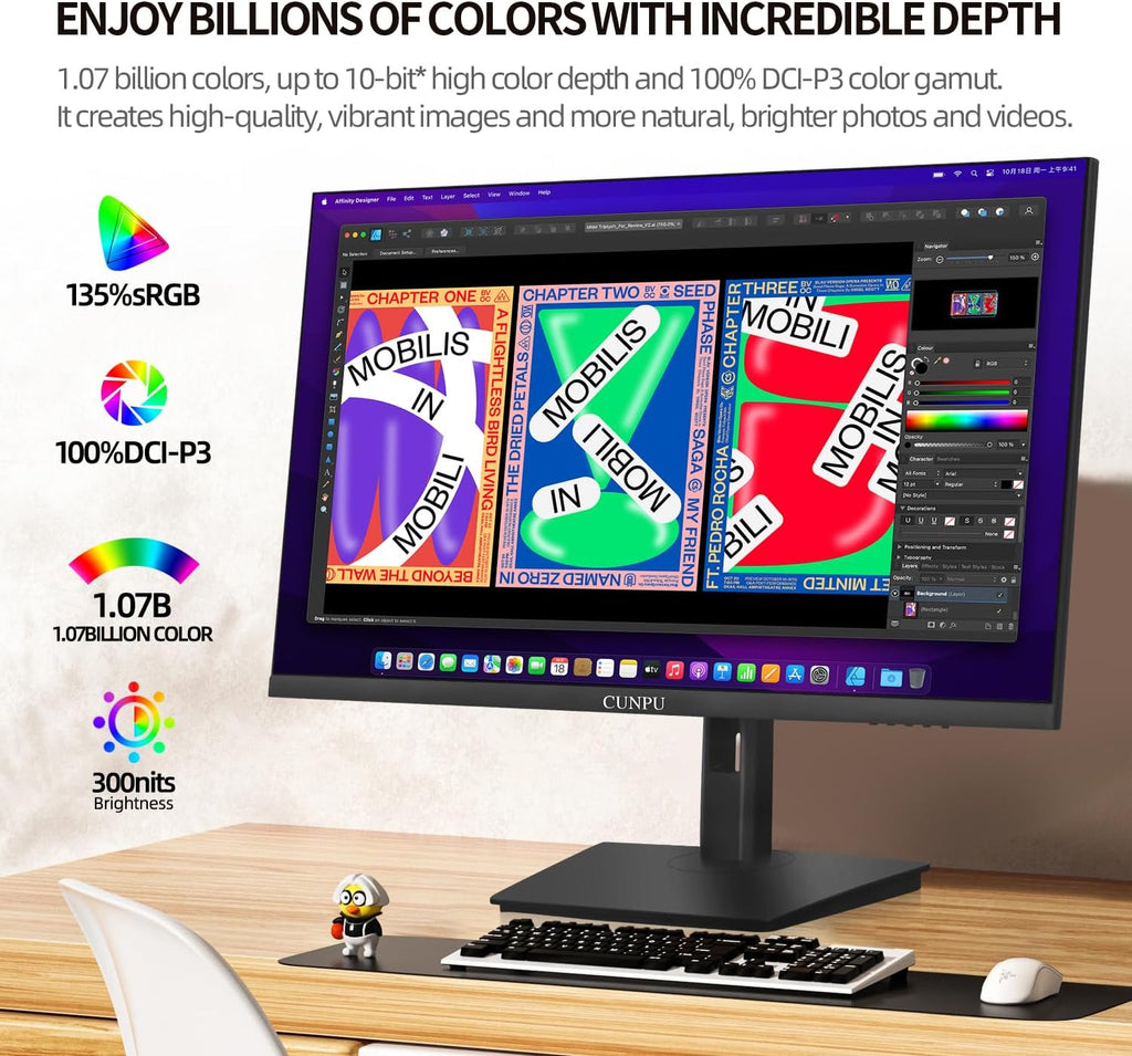 CUNPU 24 Inch 4K UHD IPS Monitor, 185PPI, ΔE < 2, 100% DCI-P3, 1.07B+ Colors, Height Vertical Adjustable Stand, Built-in Dual Speakers, VESA – for Photo Editing, Office Work & Home Entertainment