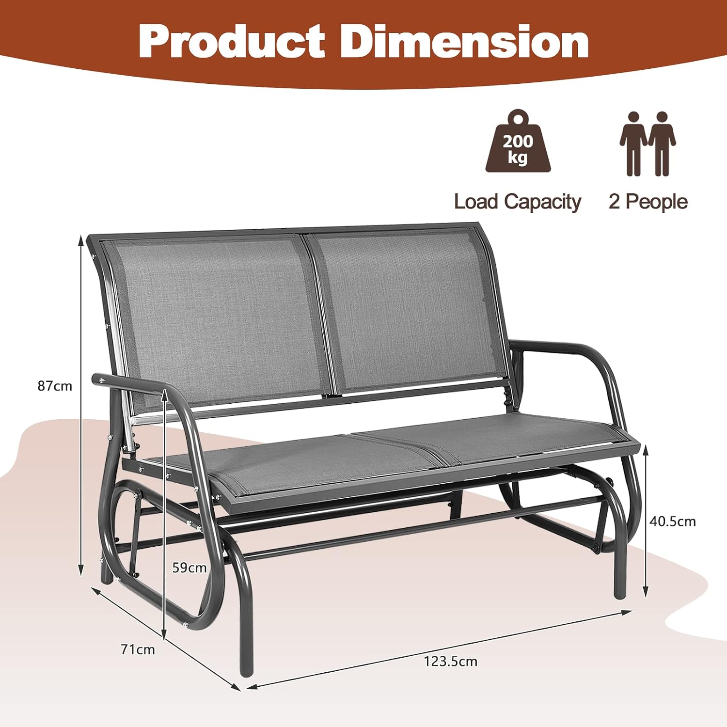 Tangkula 2 Person Patio Glider, Outdoor Swing Bench, Rocker Glider Loveseat Chair with Heavy-Duty Steel Frame, Breathable Seat Fabric, Rocking Lounge Chair for Poolside, Garden, Backyard, Porch (Gray)