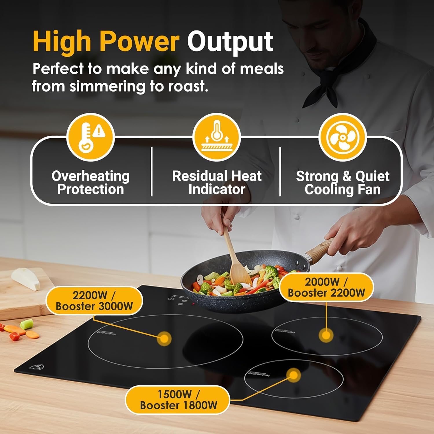 K&H 3 Burner Induction Cooktop - 24 Inch Built-In Electric Cermic Stove Top - 9 Heating Levels, 240V, 6000W High-Power Built-in Electric Stove Top - Child Lock, Timer & Touch Control - IN24-6803TB