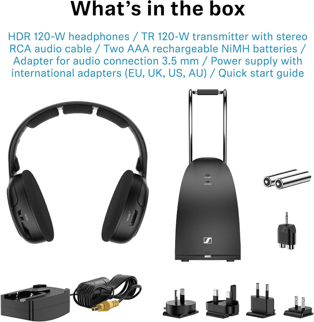 Sennheiser RS 120-W On-Ear Wireless Headphones for Crystal-clear TV Listening with 3 Sound Modes, Lightweight Design, Easy Volume Control, 60 m Range and Convenient Transmitter/Charger Combo - Black