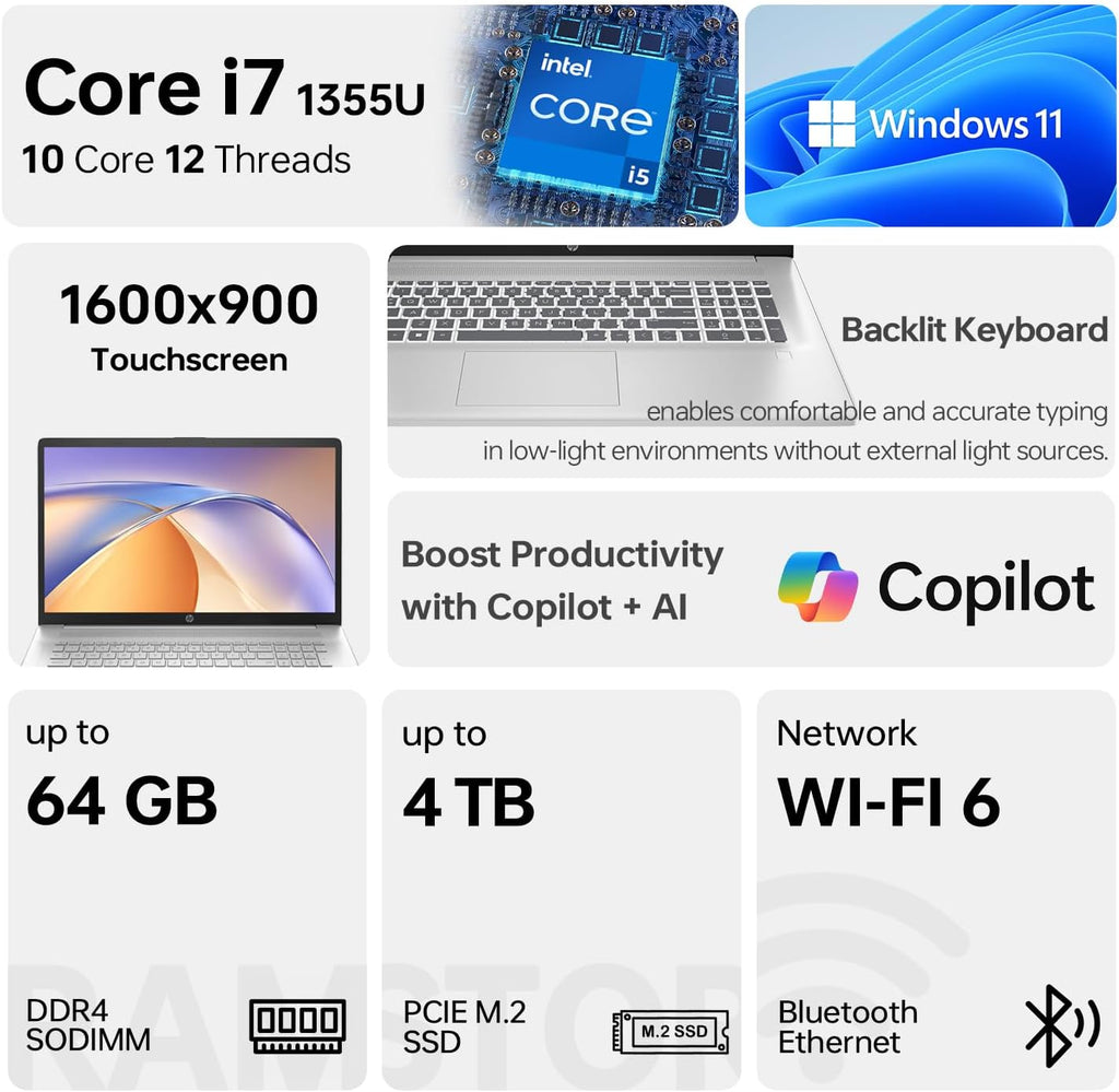 HP Essential 17t Business Laptop, 17.3' HD+ Touchscreen Display, Intel Core i7-1355U (> R5 7430U) High-Performance Tier Processor, 16GB RAM, 1TB SSD, HDMI, Fingerprint Reader, Wi-Fi 6, Windows 11 Home