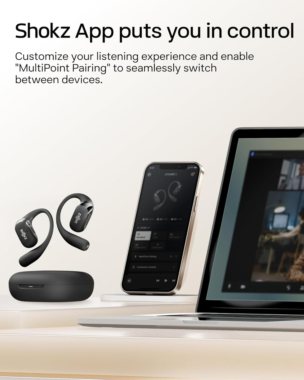 SHOKZ OpenFit 2 Open-Ear Headphones,True Wireless Bluetooth Earphones with Microphone,Earhook Earbuds with 48 Hours of Playtime,Fast Charging,IP55 Water-Resistant,with Carrying Bag,Black,Bluetooth5.4