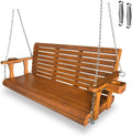 Wooden Porch Swing 3-Seater, Bench Swing with Cupholders, Hanging Chains and 7mm Springs, Heavy Duty 800 LBS, for Outdoor Patio Garden (Warm Teak Color, 5 FT Extra Large)