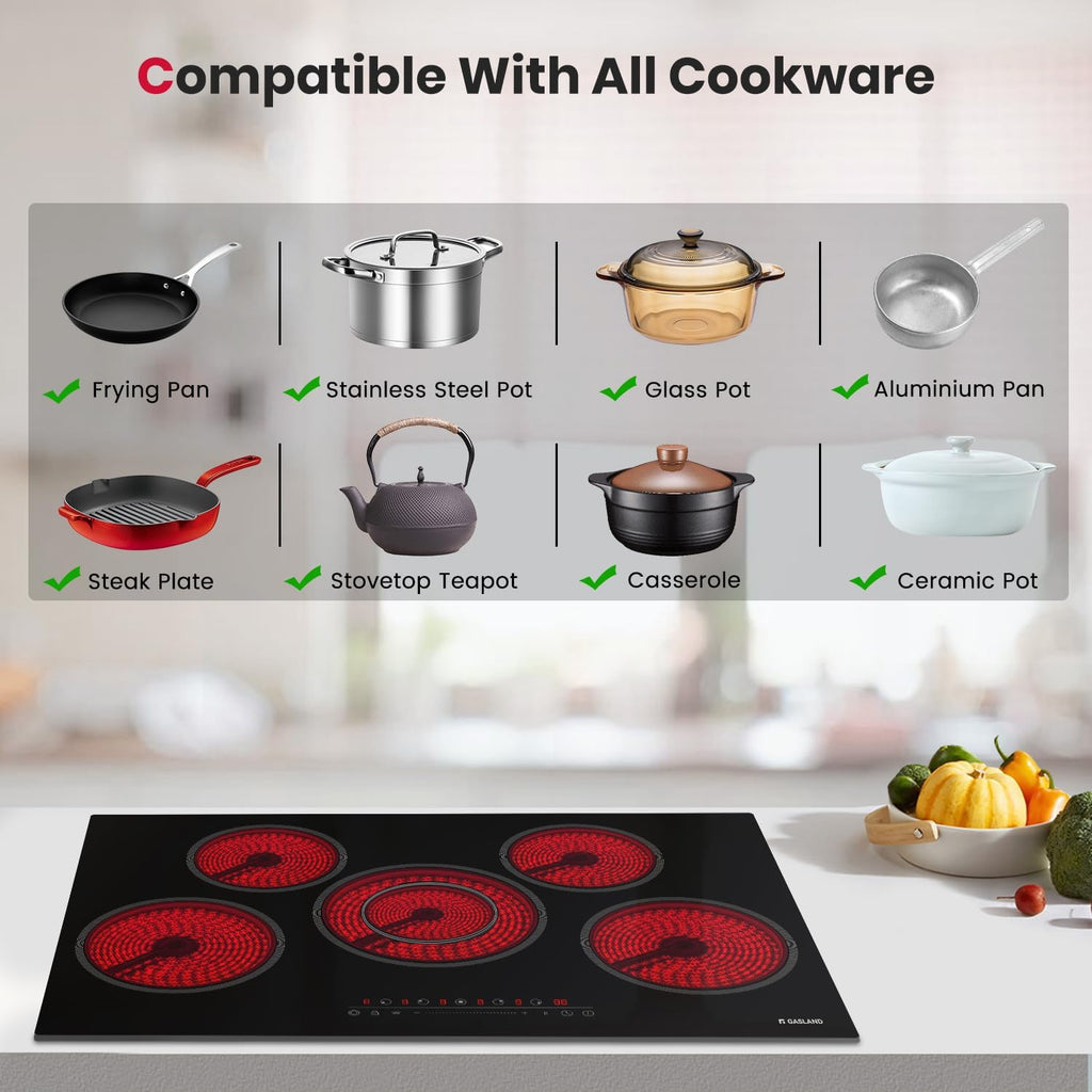 GASLAND 30 Inch Electric Cooktop 5 Burners, 8200W Built-in Radiant Glass Stove Top, 220V Electric Ceramic Cooktop with 9 Power Levels, Slide Touch Control, Child Safety Lock &Timer, Hard Wire