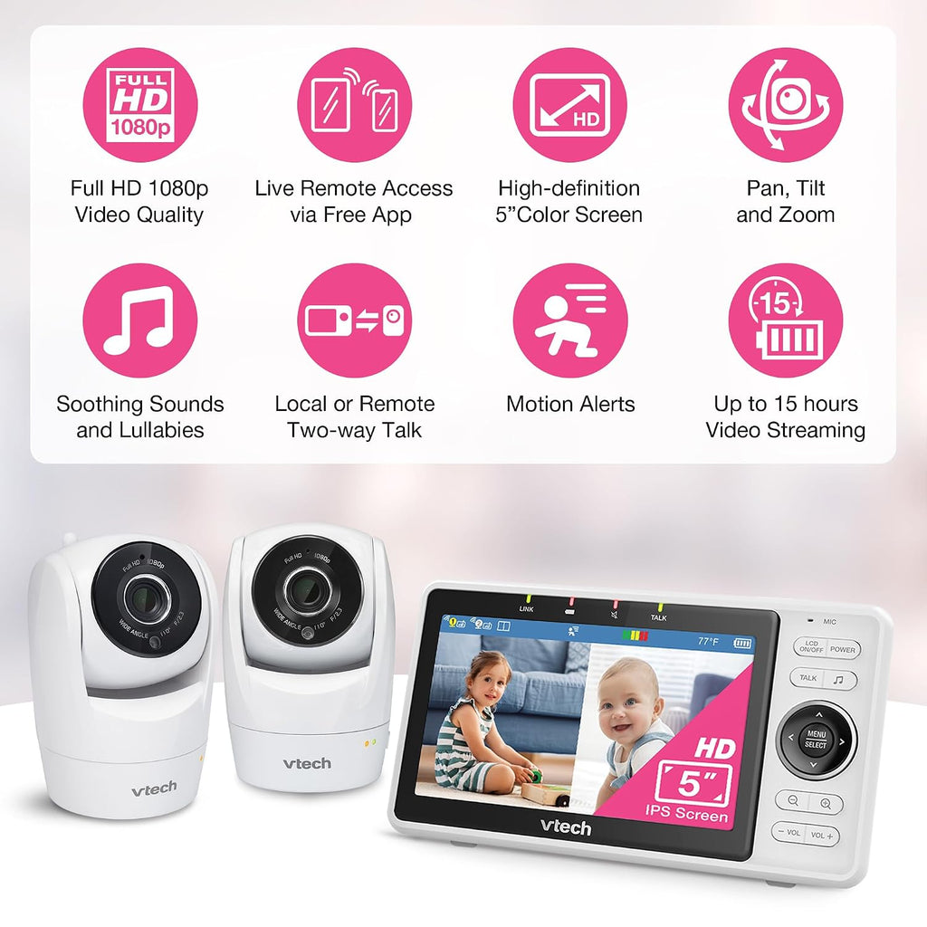 VTech 2-Cameras Smart WiFi Baby Monitor with 1080p FHD Camera and 5' HD IPS Screen, Free App with Motion Video, Sound/Motion Detection and Notifications, Split-Screen, Pan-Tilt-Zoom: VM901-2HD