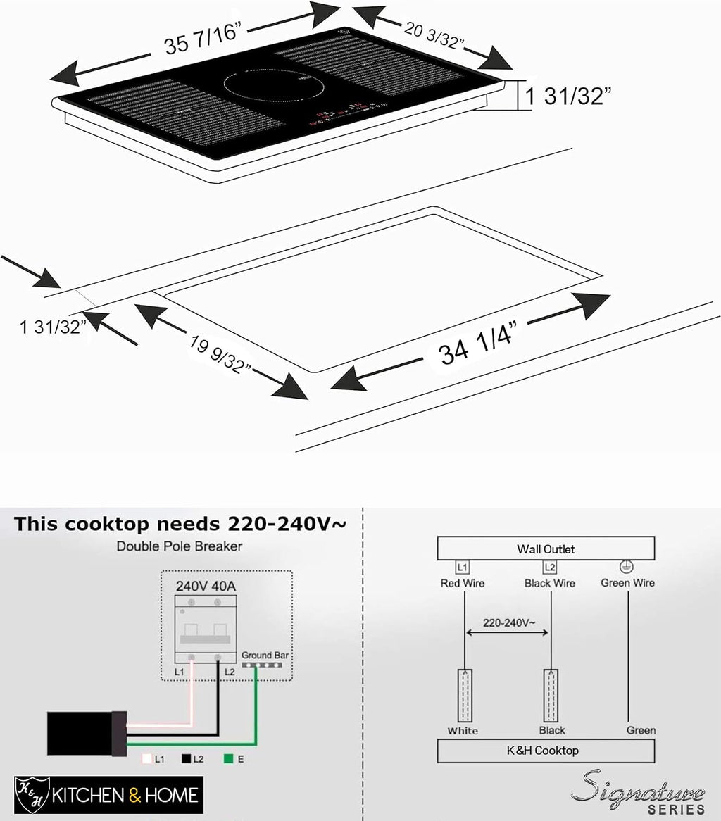 K&H 5 Burner Induction Cooktop - 36 Inch Built-In Electric Cermic Stove Top - 17 Heating Levels, 240V, 9400W High-Power Built-in Electric Stove Top - Child Lock, Timer & Touch Control - IN36-9400FLX