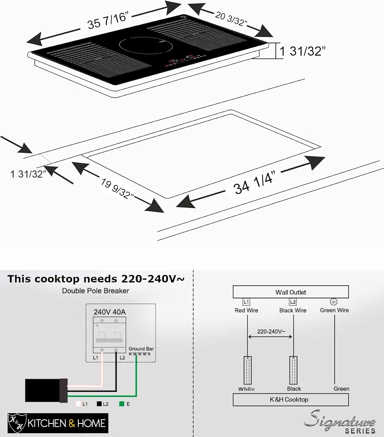 K&H 5 Burner Induction Cooktop - 36 Inch Built-In Electric Cermic Stove Top - 17 Heating Levels, 240V, 9400W High-Power Built-in Electric Stove Top - Child Lock, Timer & Touch Control - IN36-9400FLX