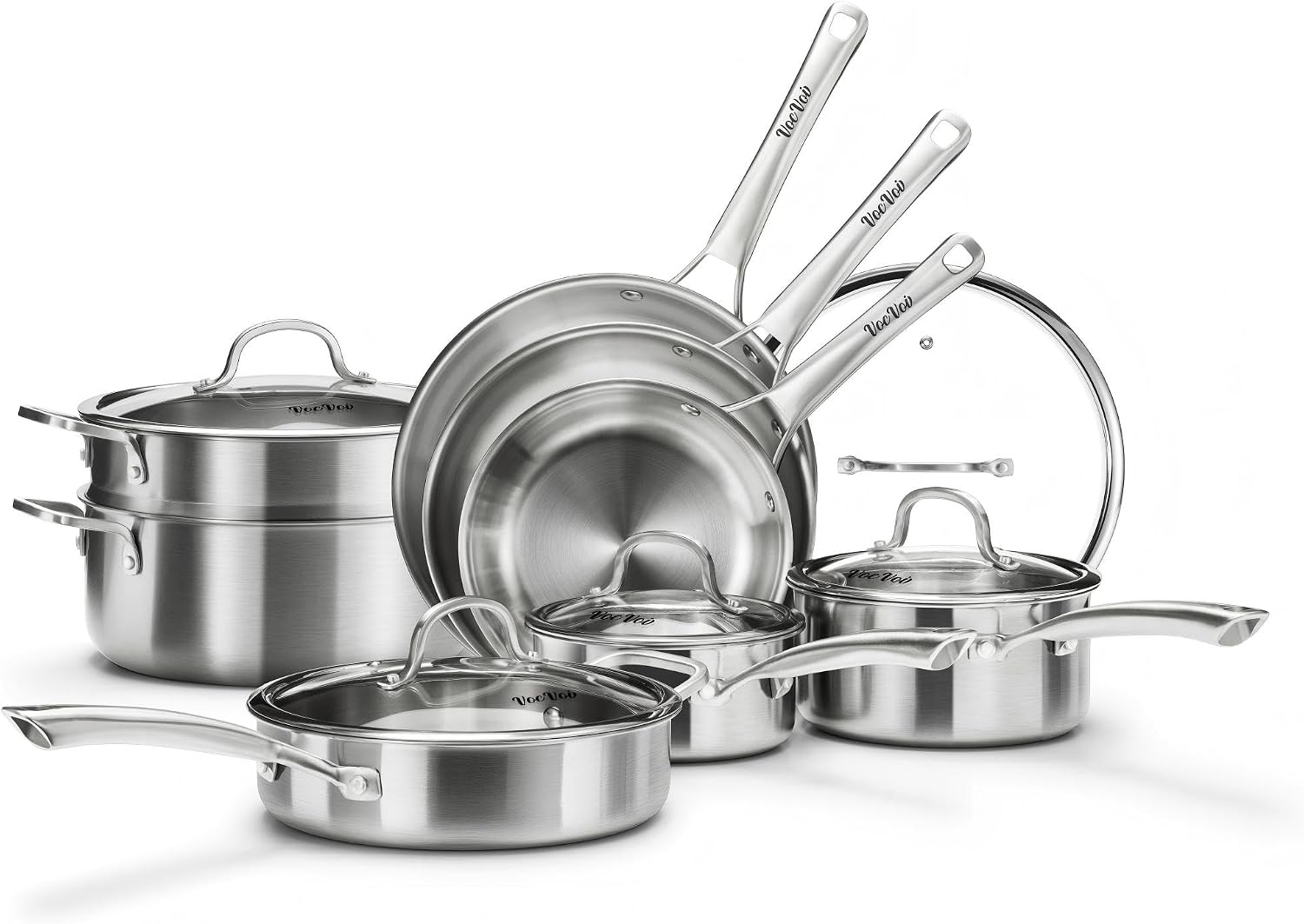 Stainless Steel Cookware Set,Tir-Ply Pots and Pans Set,13 Pcs Stainless Steel Induction Kitchen Cookware Sets,PFOA Free, Frying Pans, Butter warmer,Saute Pan & Stock Pot,Compatible with All Cooktops
