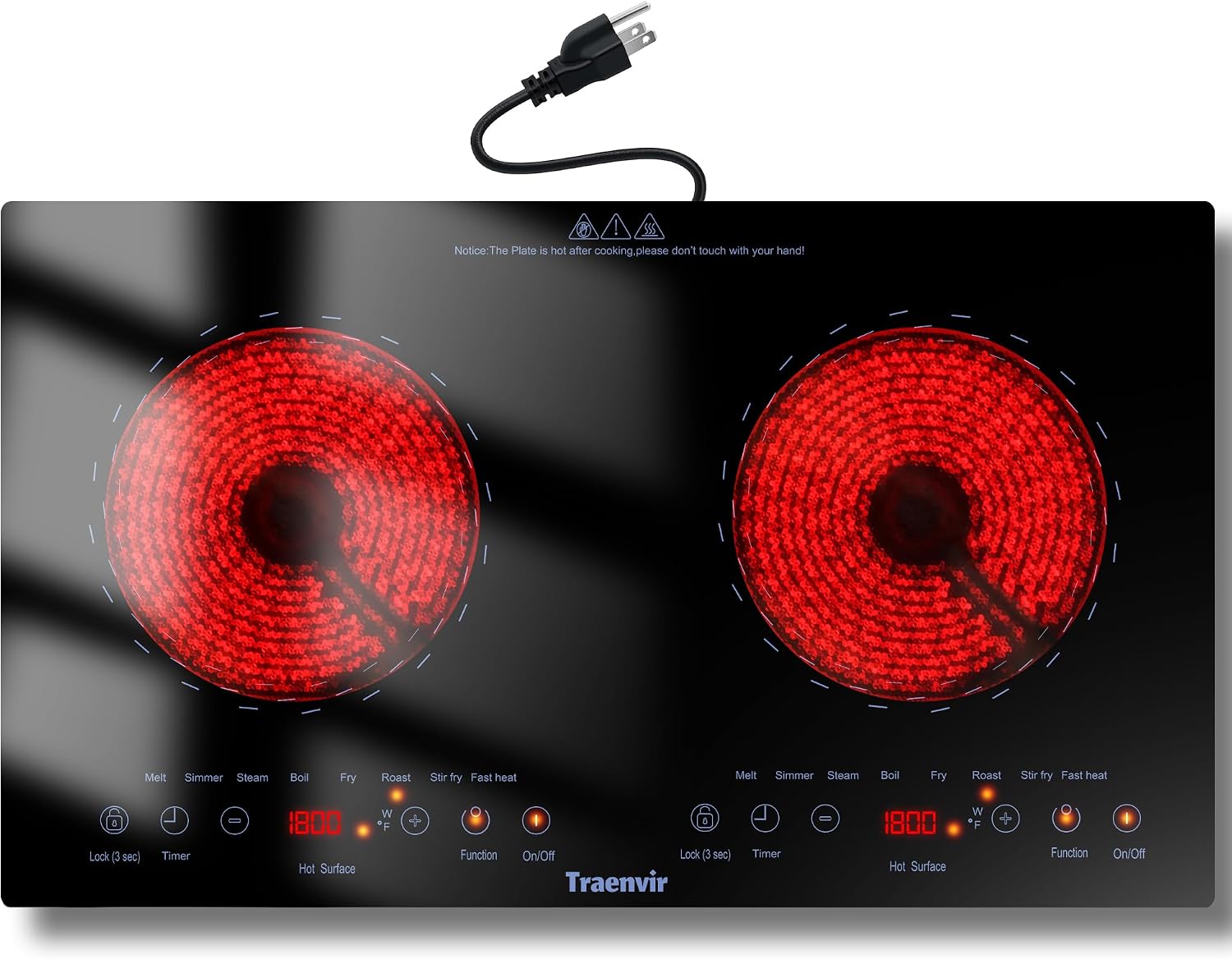 2 Burner Electric Cooktop, Two Burner Ceramic Cooktop 2000W, 24 Inch Countertop & Built-in Electric Stove top for Camping, Outdoor, Child Lock, Timer, 8 Power Levels, 110V-120V Plug in, Blue
