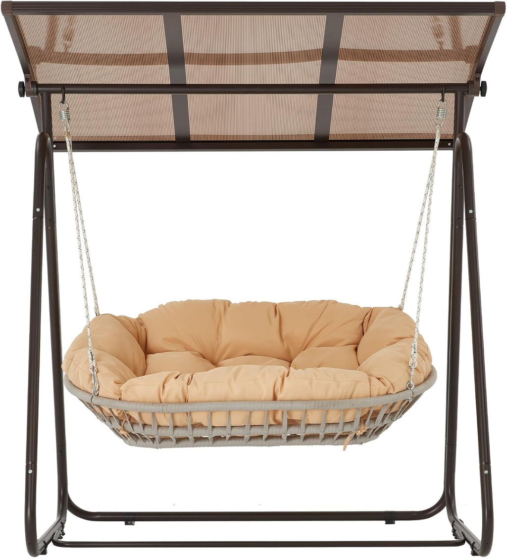 2-Seat Outdoor Patio Porch Swing with Polycarbonate (PC) Canopy, All-Weather Outdoor Swing Chair with 4.7' Thick Cushion and Hand-Woven Rope, Heavy Duty Steel Frame for Patio, Garden, Khaki