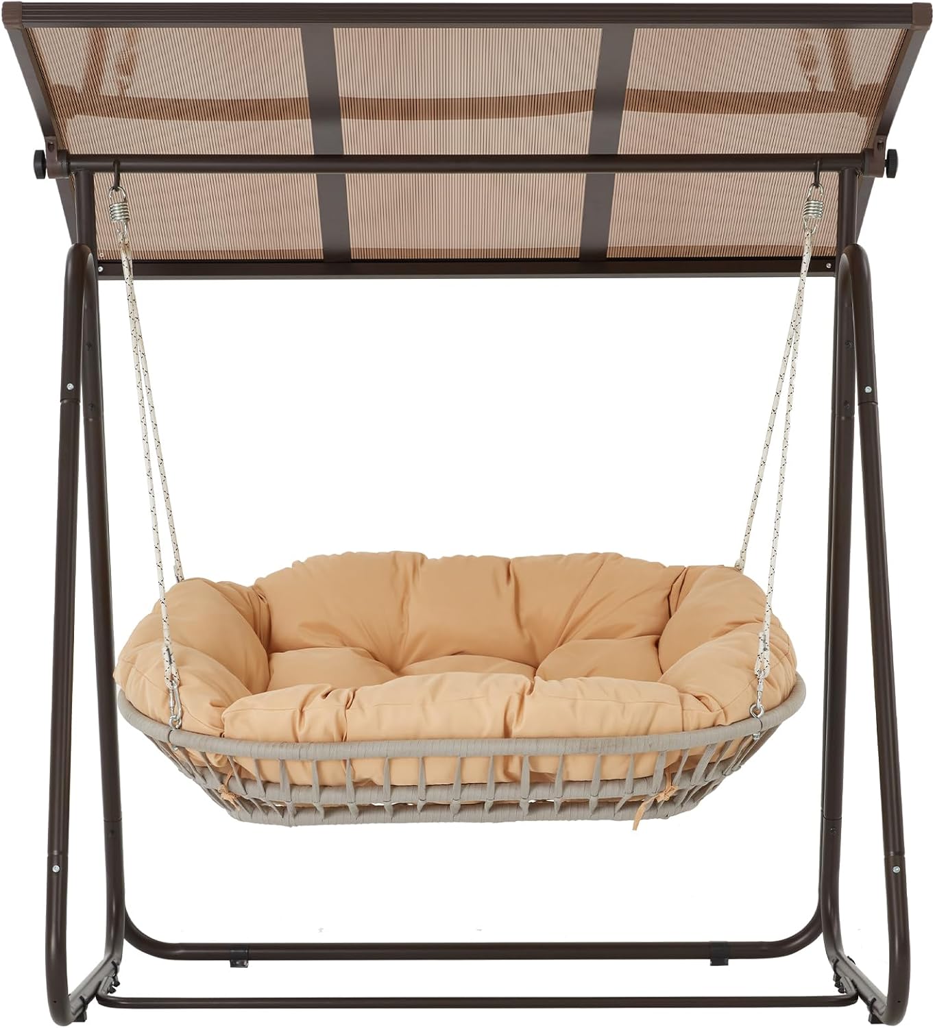 2-Seat Outdoor Patio Porch Swing with Polycarbonate (PC) Canopy, All-Weather Outdoor Swing Chair with 4.7' Thick Cushion and Hand-Woven Rope, Heavy Duty Steel Frame for Patio, Garden, Khaki