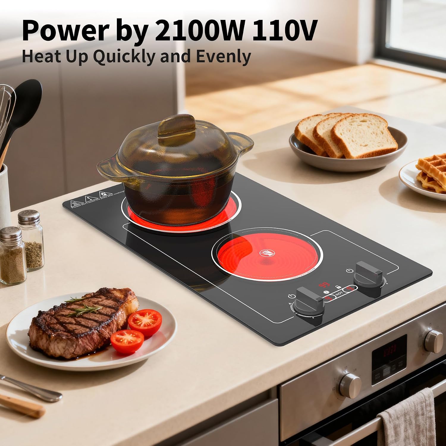 VBGK Electric Cooktop,110V 2100W electric Stove Top with Knob Control,Countertop/Built-in Design with 9 Power Levels,Kids Lock & Timer, Overheat Protection,and touch control 2 burner electric Cooktop.