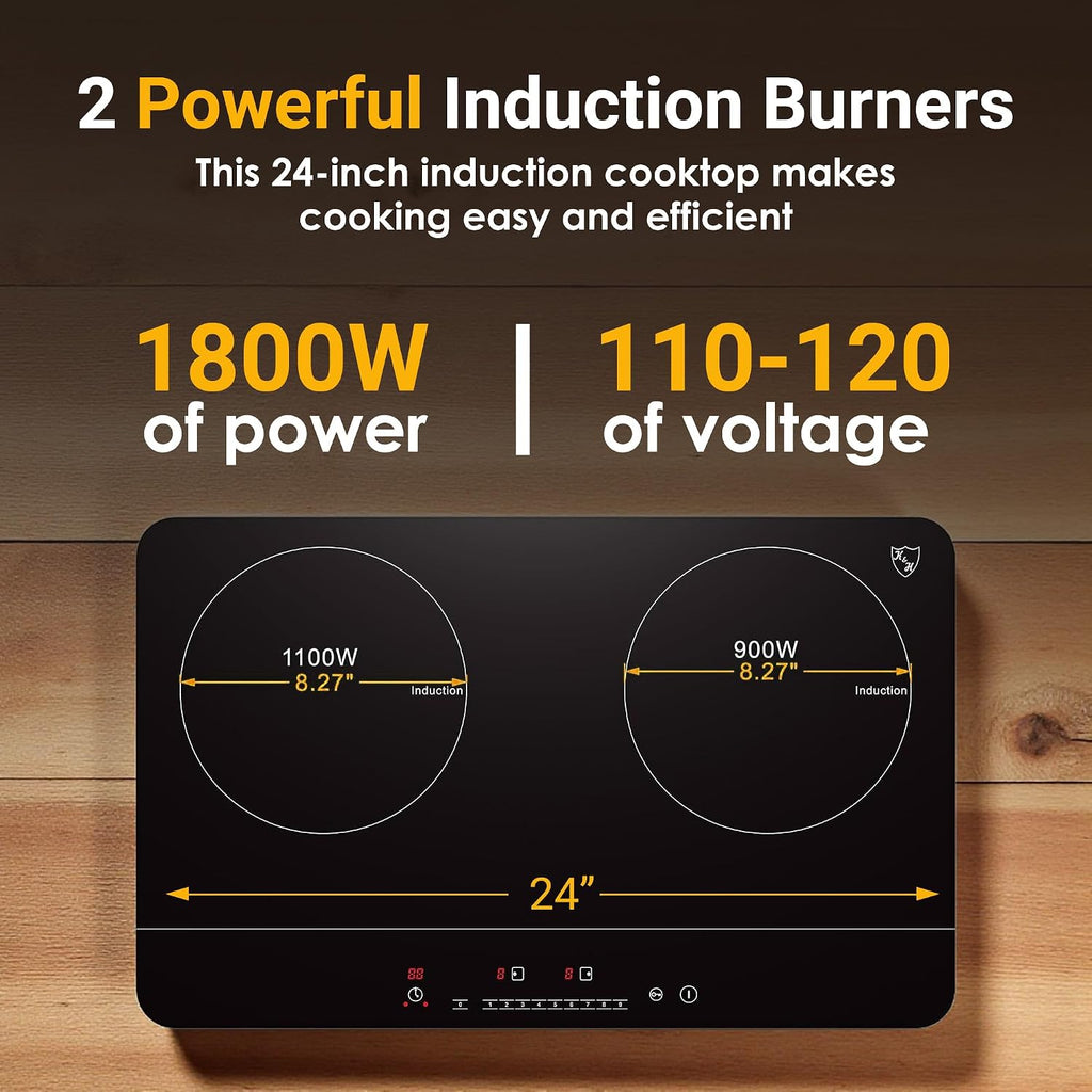 K&H 2 Burner Double Dual 24 Inch Induction ULTRA SLIM Electric Stove Top Ceramic Cooktop White 120V 1800W IN-DD18-120S
