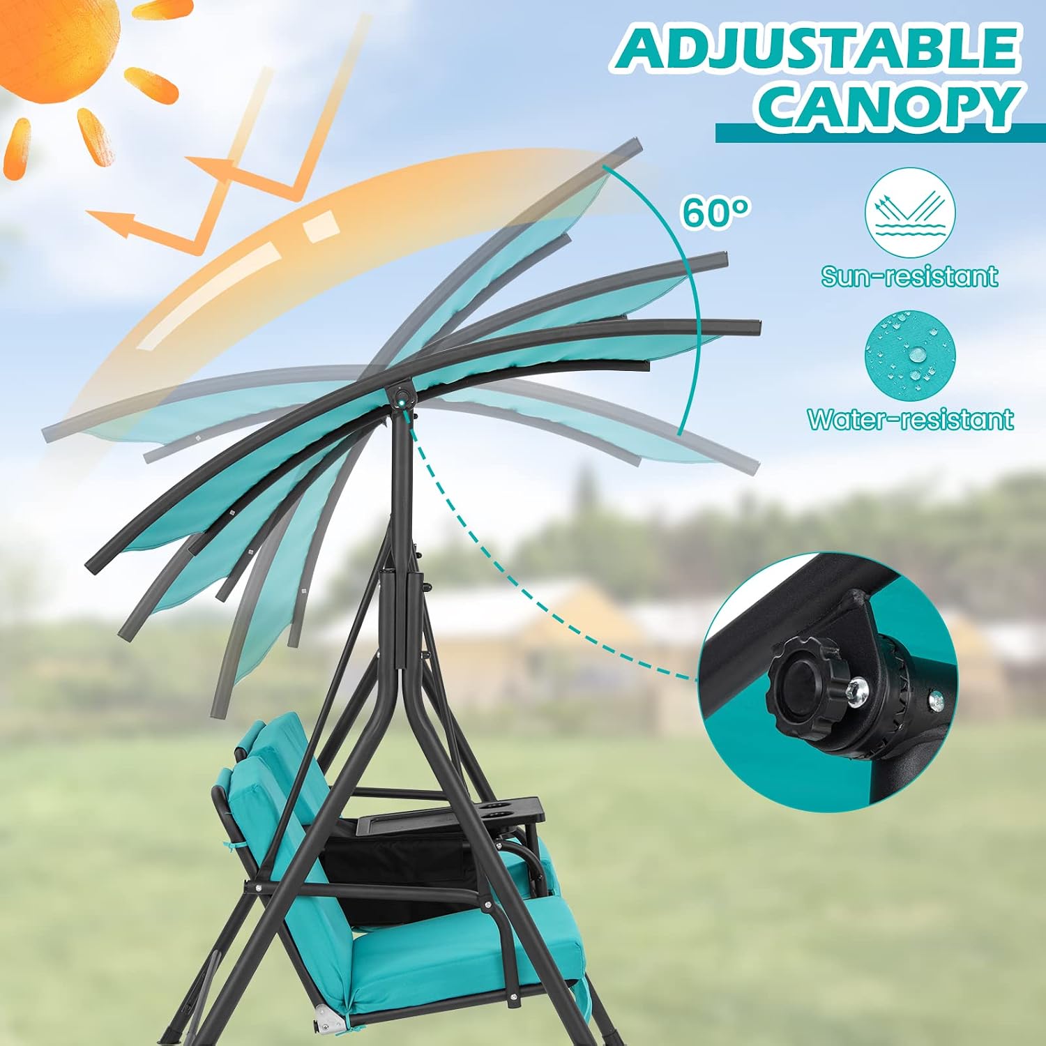 Tangkula 2 Person Porch Swing, Pivot Storage Table, Cooler Bag, 2 Cup Holders, Removable Cushions, Outdoor Patio Swing with Canopy for Backyard Balcony Poolside (Turquoise)