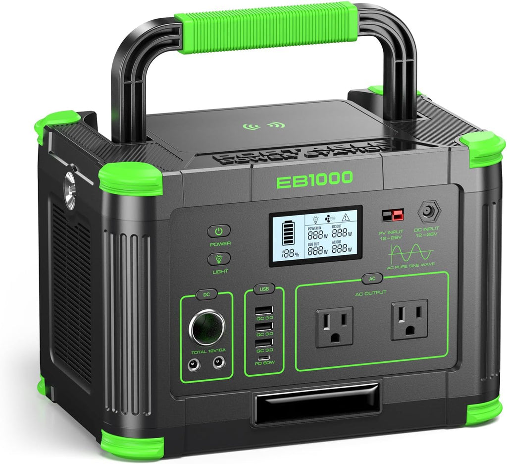Solar Generator 1000W（2000W Peak）Portable Power Station, 110V Pure Sine Wave AC Outlets, 60W USB-C PD Fast Charging, 10 Ports for RV Trip,Camping,Home Emergency