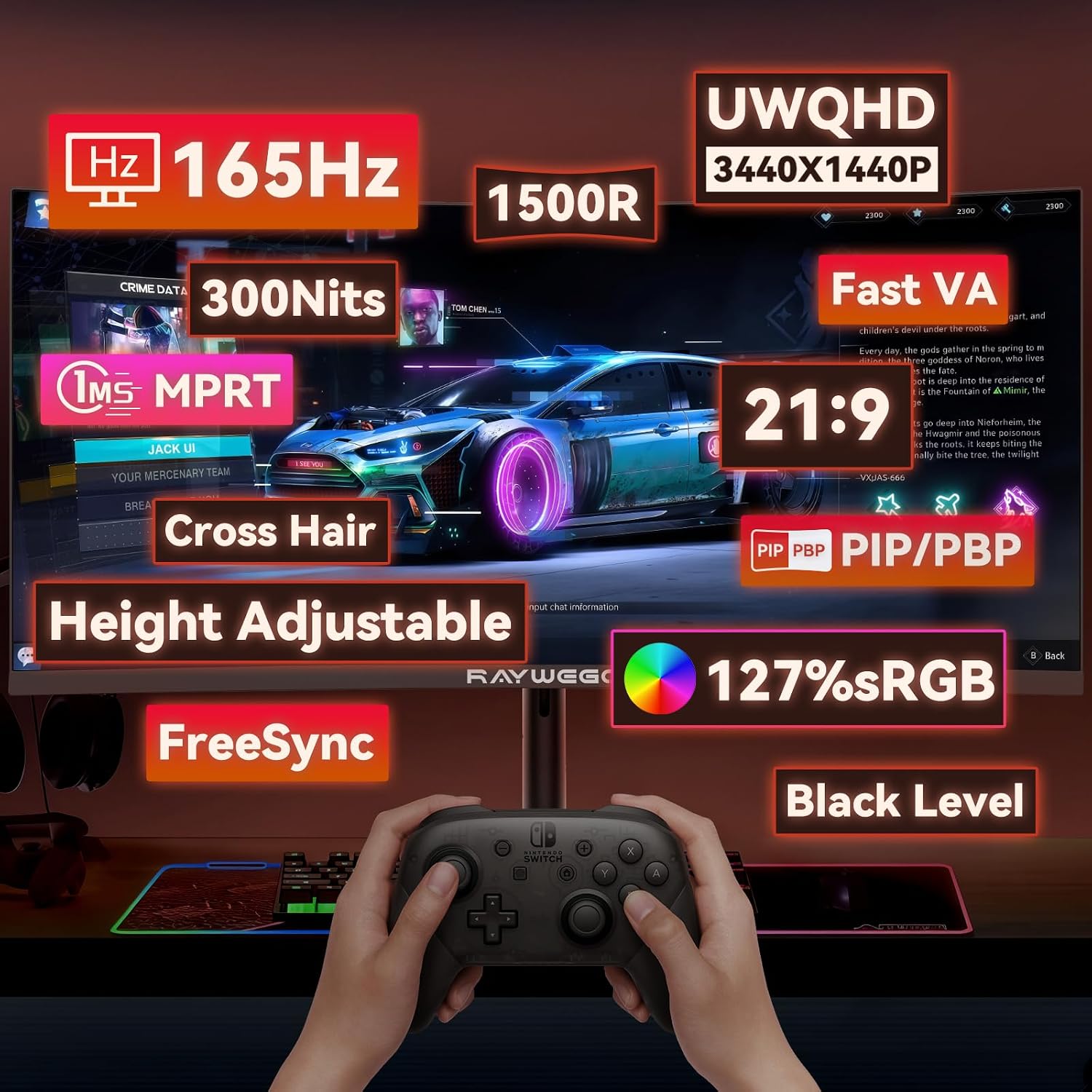 Raywego 34 Inch Curved Gaming Monitor, WQHD 3440 x 1440p, 165Hz 1ms, 21:9 Ultrawide, 127% sRGB, Ergonomic Height Adjustable Stand, PIP/PBP, RGB Backlight, Black