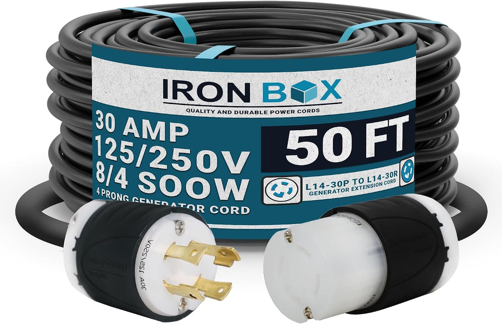 IronBox Electric - Heavy-Duty NEMA L14-30 Generator Extension Cord - L14-30P Plug to L14-30R Connector - Rated for 30 Amps 125/250V 8/4 SOOW 4 Prong Generator Cord - Power Cable for Generators(50 ft)