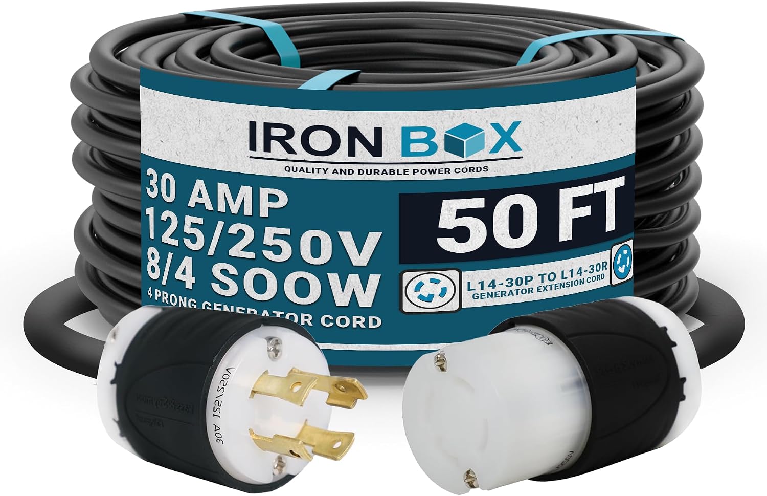 IronBox Electric - Heavy-Duty NEMA L14-30 Generator Extension Cord - L14-30P Plug to L14-30R Connector - Rated for 30 Amps 125/250V 8/4 SOOW 4 Prong Generator Cord - Power Cable for Generators(50 ft)