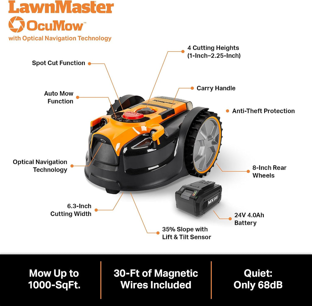 LawnMaster OcuMow Perimeter Wire Free Robot Lawn Mower Cuts Small Lawns 1000-2000 Square Feet with Optical Navigation, Obstacle Avoidance, Low Noise and No Go Functiont