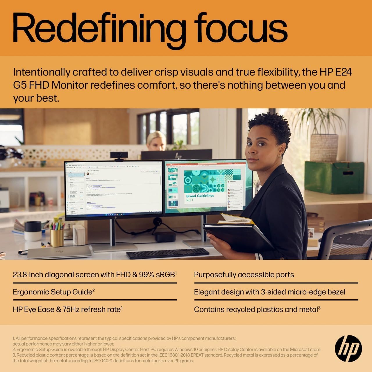 HP E24 G5 24' Class Full HD LCD Monitor - 16:9 - Black - 23.8' Viewable - in-Plane Switching (IPS) Technology - Edge LED Backlight - 1920 x 1080-250 Nit - 5 ms - HDMI - DisplayPort - USB Hub