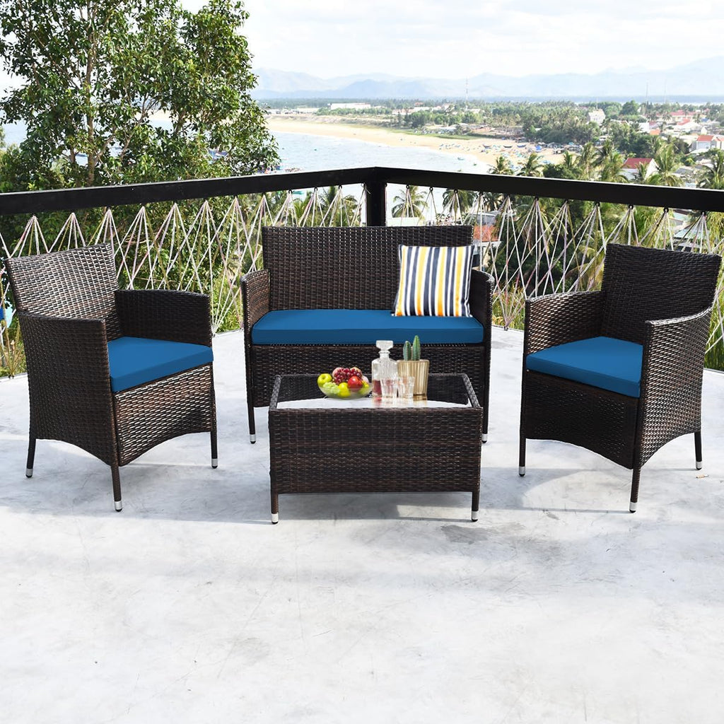 Goplus 4-Piece Rattan Patio Set, Outdoor/Indoor Wicker Conversation Set for Pool, Backyard, Lawn, Wicker Chairs and Sofa with Soft Cushion, Rattan Furniture with Tempered Glass Coffee Table