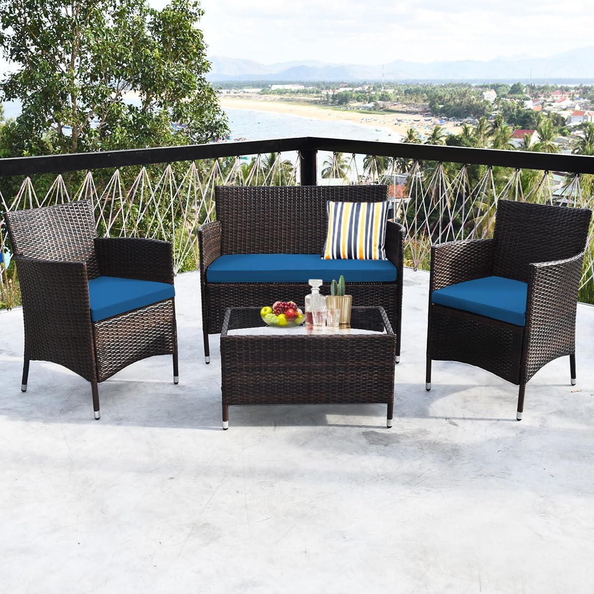 Goplus 4-Piece Rattan Patio Set, Outdoor/Indoor Wicker Conversation Set for Pool, Backyard, Lawn, Wicker Chairs and Sofa with Soft Cushion, Rattan Furniture with Tempered Glass Coffee Table