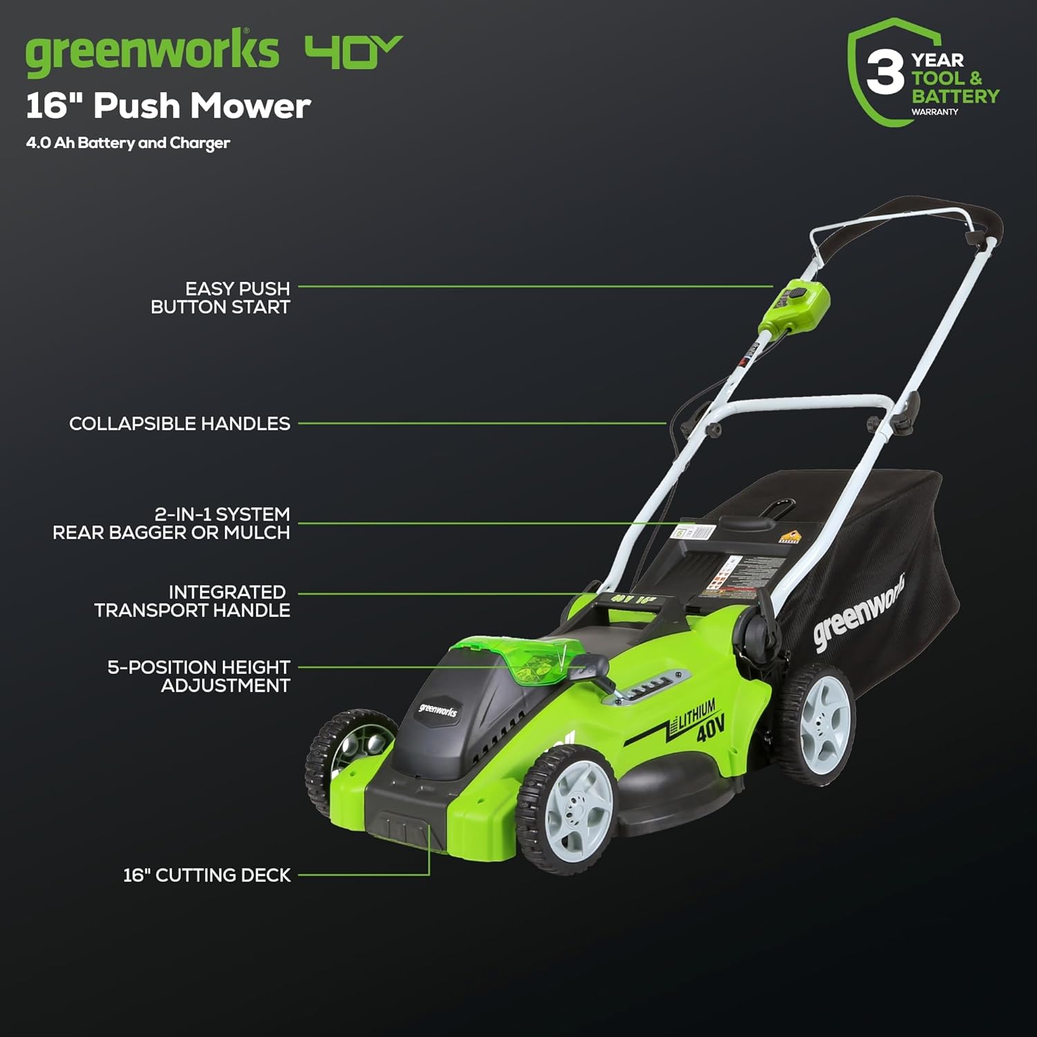 Greenworks 40V 16' (Push) Cordless Lawn Mower, 4.0Ah Battery (1/3 Acre, Push Button Start, Compatible with 75+ Tools)