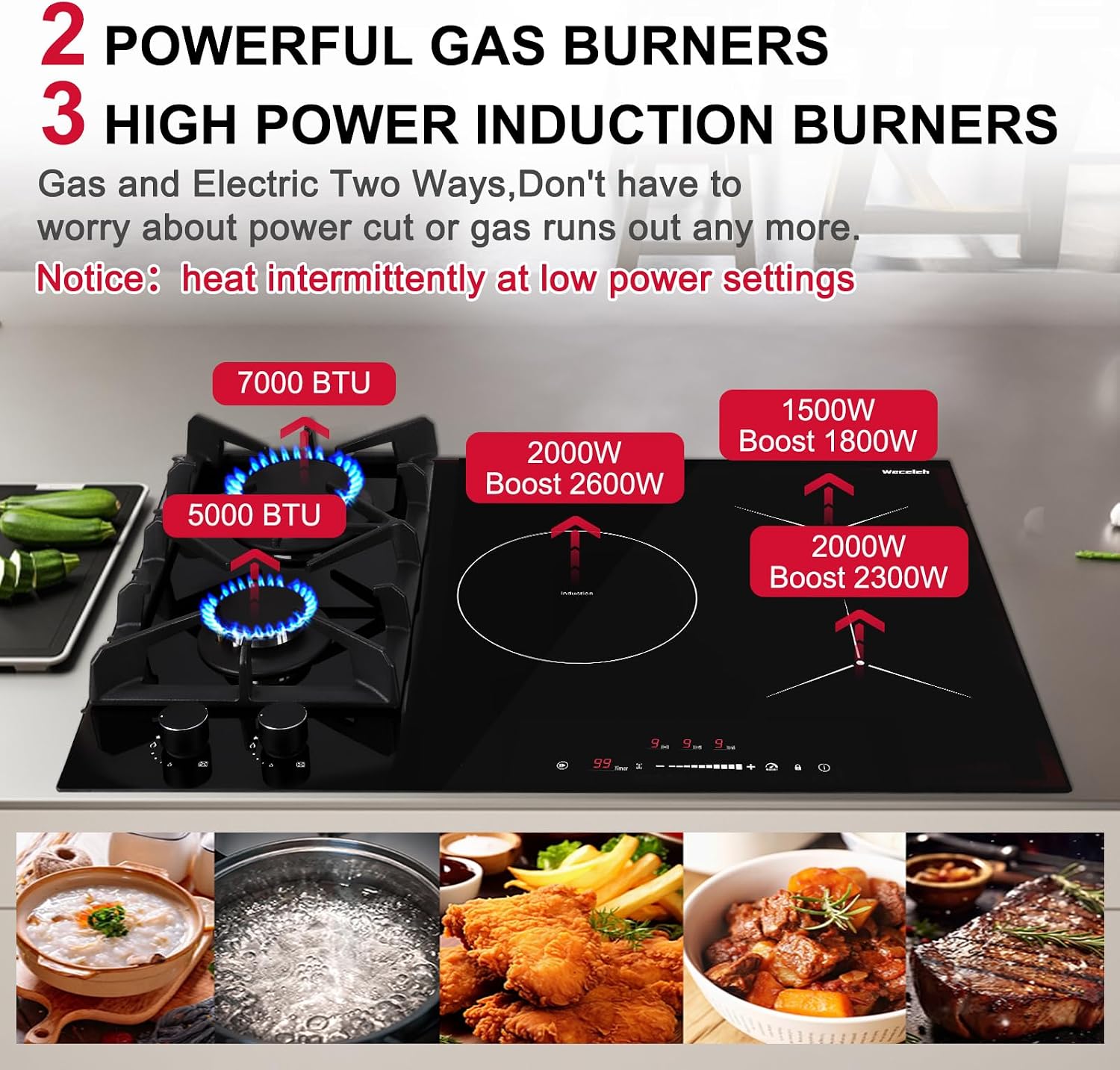 30 Inch Hybrid Gas and Induction Combo Cooktop, Built-in 5 Burners (2 Gas+3 Induction), 12000 BTU Boost, Safety Lock & Grill Bridge Mode, Drop-in Cooktop for Kitchen, 6700W