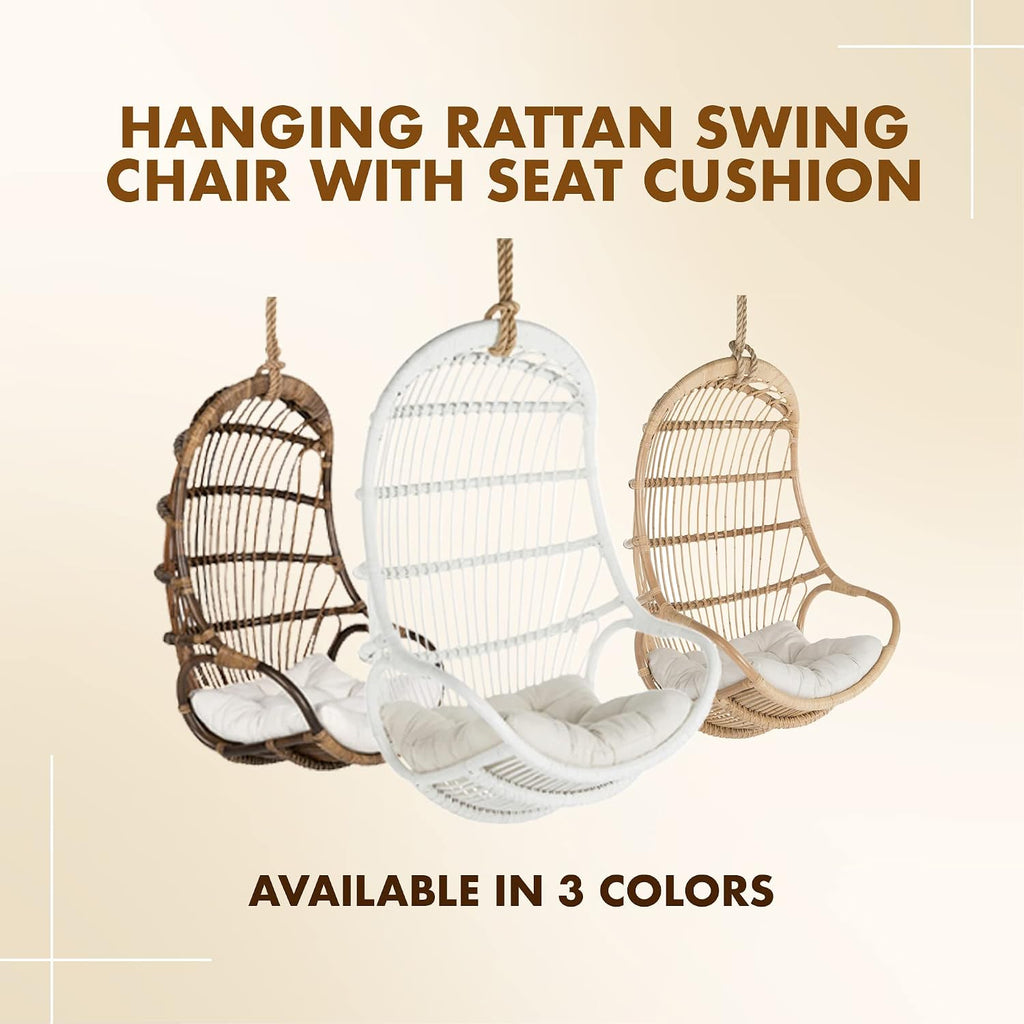 KOUBOO Hanging Rattan Swing Chair with Seat Cushion, Handwoven Natural Rattan Chair, Coastal Home Decor Furniture for Bedroom, Living Room, & Sun Room, White