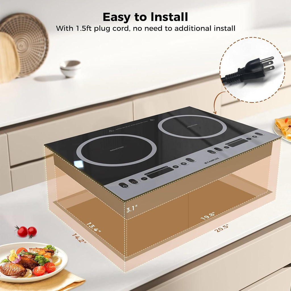CAMPLUX RV Induction Cooktop 2 Burners 1800W, Electric Cooktop 120V Plug in, Portable Induction Stove with Sensor Touch, Timer, Safety Lock, Countertop/Built-in for RV, Mini Kitchen or Apartments