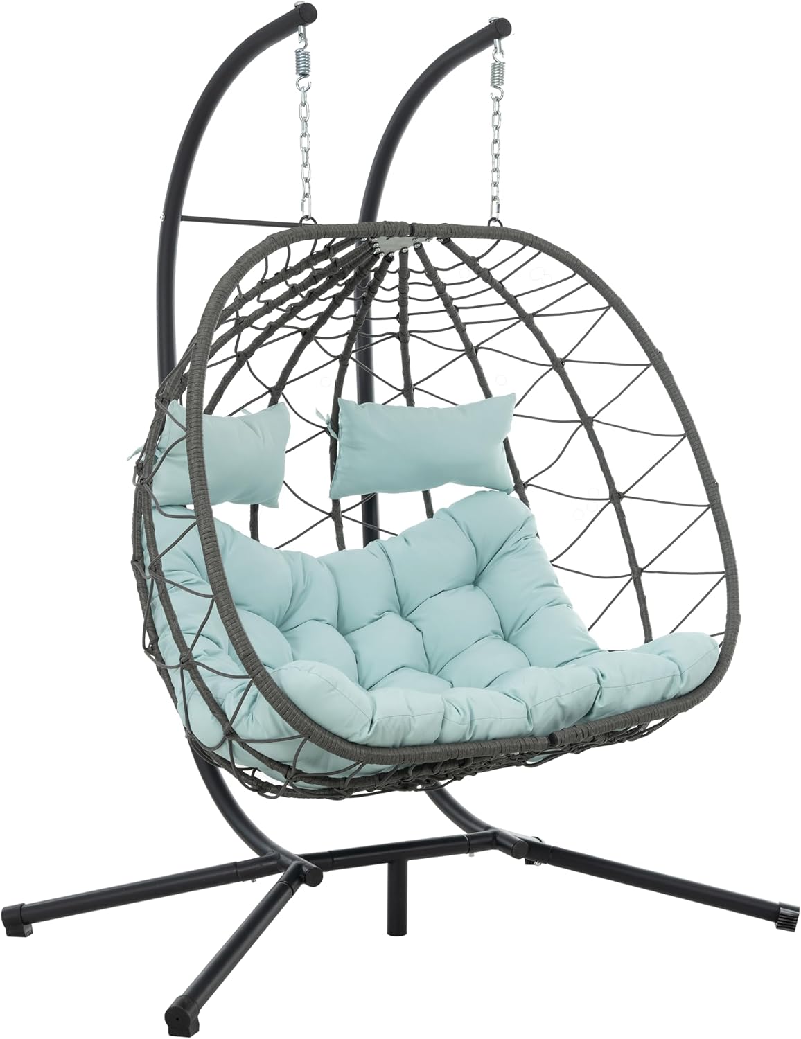 2 - Person Hanging Egg Chair with Stand, Steel Frame, for Outdoor & Indoor Use Double Wicker Egg Chair for Patio, Garden, or Balcony Blue
