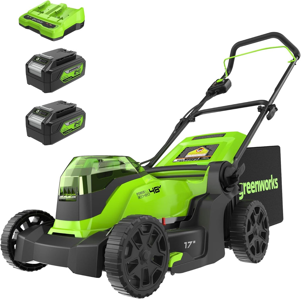 Greenworks 48V (24V x 2) 17' Brushless Cordless Push Lawn Mower, Includes (2) 4.0Ah Batteries and Dual Port Rapid Charger((200+ Compatible Tools, 45Min Runtime)