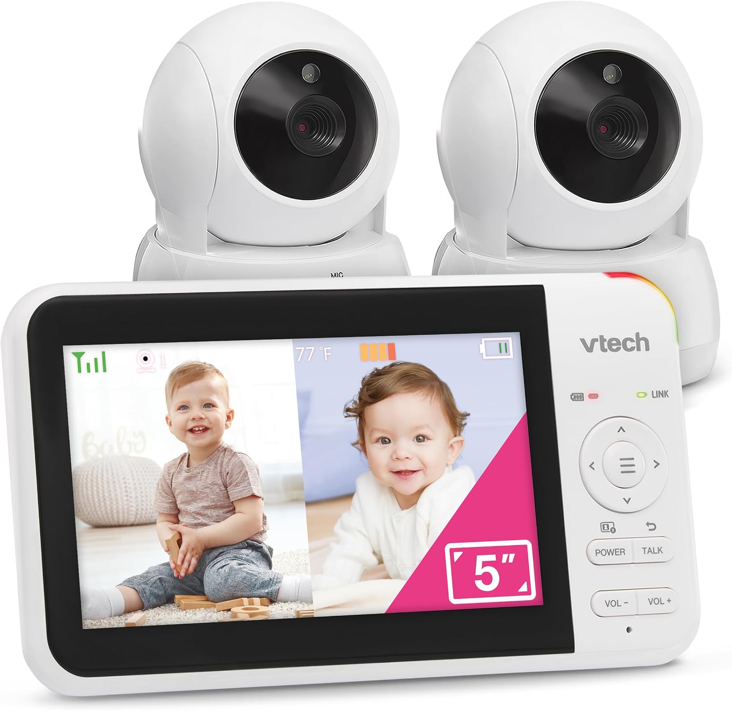 VTech VM924-2 5' Pan Tilt Zoom Video Baby Monitor with 2 Cameras – No WiFi, 17Hr Battery, 1000ft Range, Night Vision, Lullabies & Temperature Sensor – Ideal for New Parents & Twins