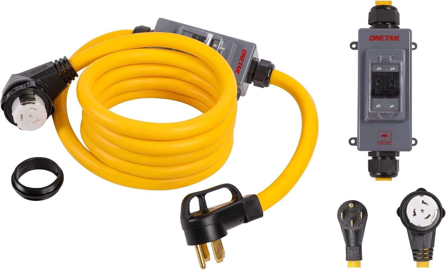 NEMA 14-50P to SS2-50R 15 FT Hydraulic Magnetic ON Off Switch Current Protector Right Angle 90 Degree 120V/240V 50A 4 Prong Plug to 4 Prong Female Outlet Receptacle Extension Cable Power Cord Adapter