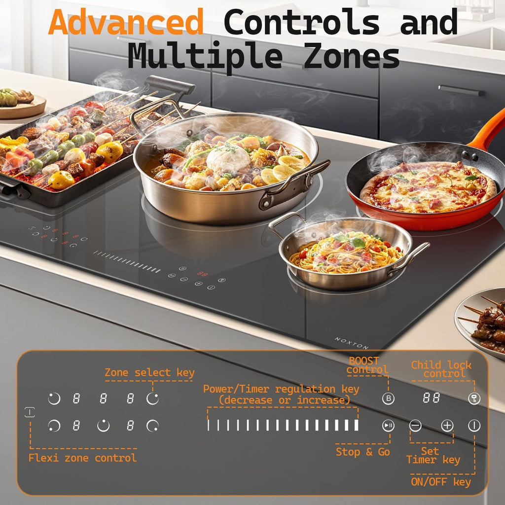 Noxton 36 Inch Induction Cooktop, 5 Burners Electric Cooktop, Upgraded Induction Stovetop with Flex Zone, Power Boost, Pause, 9 Power Levels, Child Safety Lock, Timer, 220-240V Hard wire