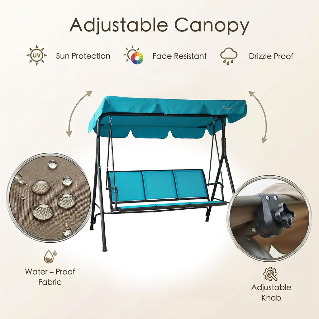 Kozyard 3-Person Outdoor Canopy Porch Swing Chair, Breathable Textilene Armrest Seat, Adjustable Shade, Heavy-Duty Powder-Coated Steel Frame Swing for Patio, Backyard, Poolside & Balcony, Blue