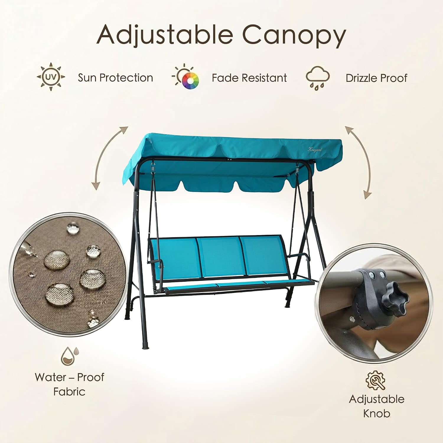 Kozyard 3-Person Outdoor Canopy Porch Swing Chair, Breathable Textilene Armrest Seat, Adjustable Shade, Heavy-Duty Powder-Coated Steel Frame Swing for Patio, Backyard, Poolside & Balcony, Blue